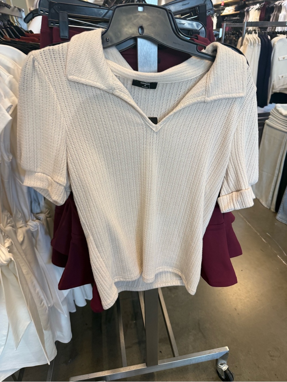 Express Cream Ribbed Short Sleeve Polo Top